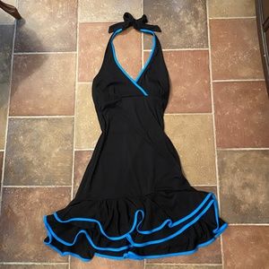 La Jolie L black vintage Y2K halter bodycon dress neon blue trim & flounce hem